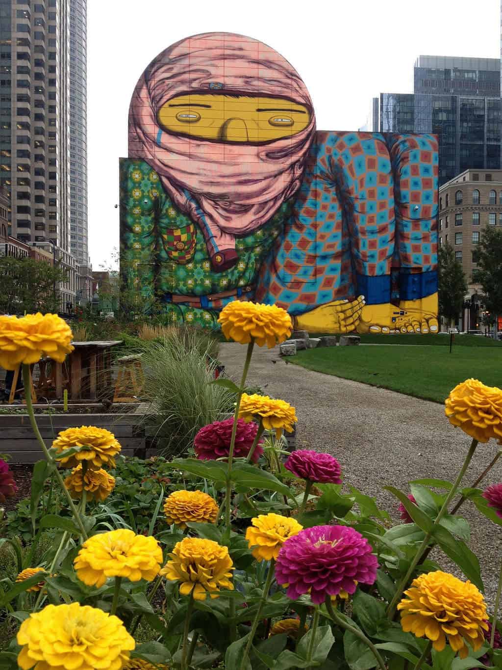 Funky mural and flowers in Dewey Square, Boston