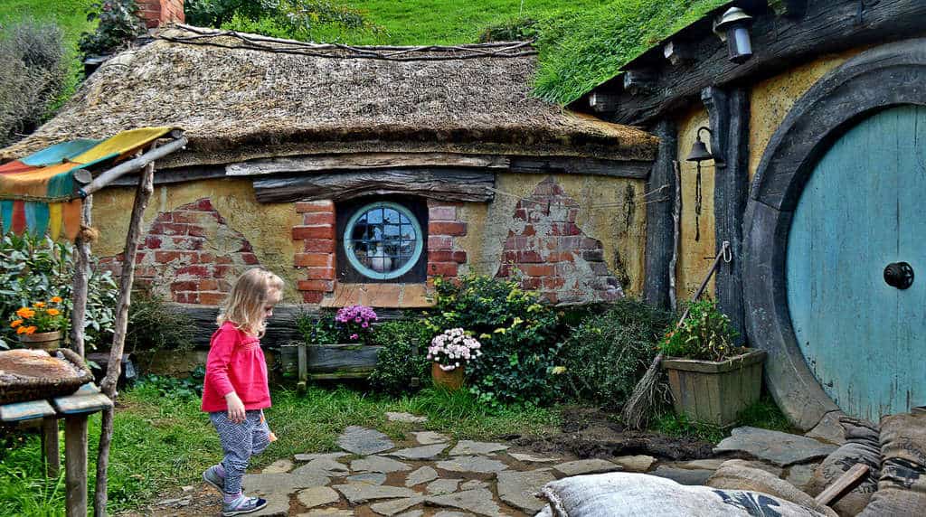 Little girl on the Hobbiton move set o North Island New Zealand