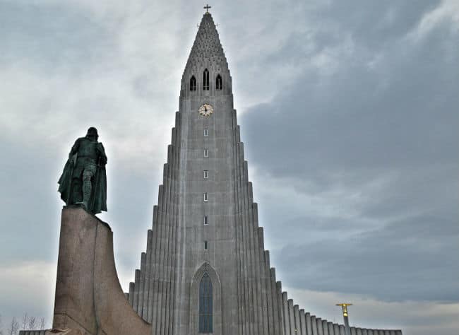Hallgrímskirkja chuch and statue in Reykjavik iceland