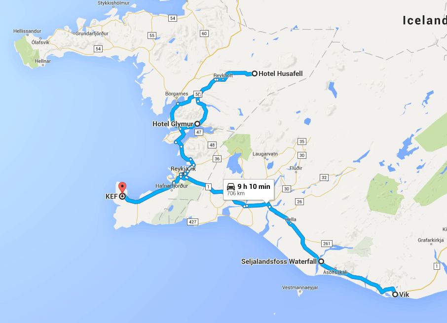google maps route of a road trip through west and south iceland