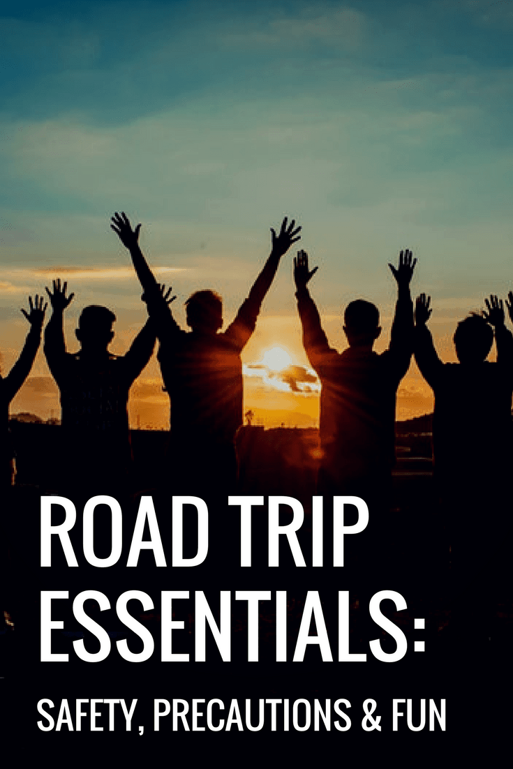 road trip essentials text with silhouetted group of people