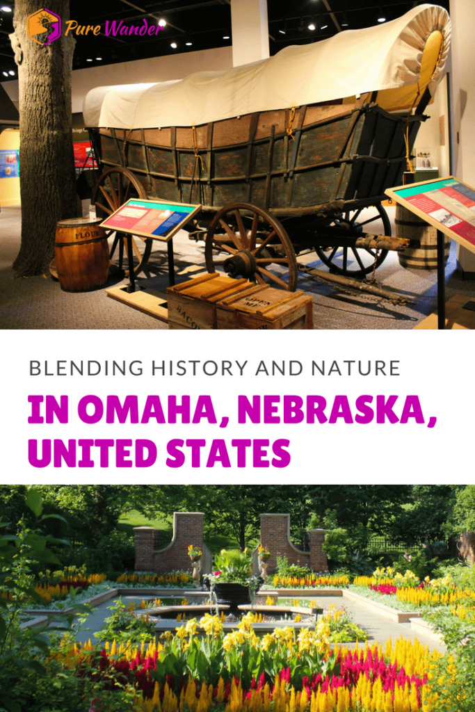 City of Omaha, Nebraska, Pinterest pin with covered wagon and flower garden