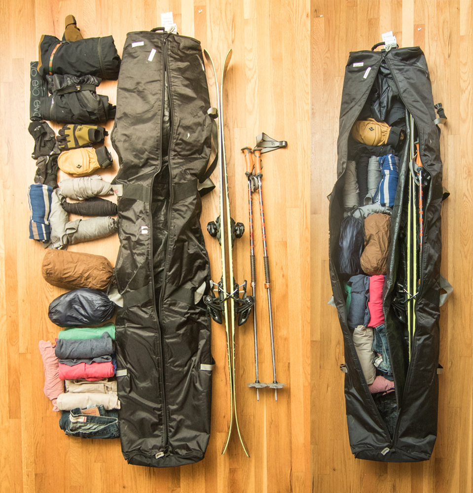 flat lay of packing items for a ski trip