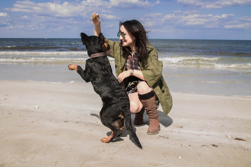 woman with brown dog on the beach