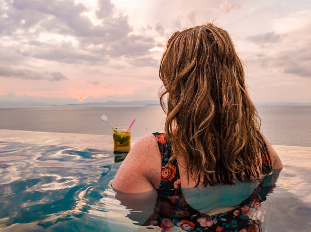 Eileen Cotter Wright at infinity pool on Koh Yao Yai Thailand