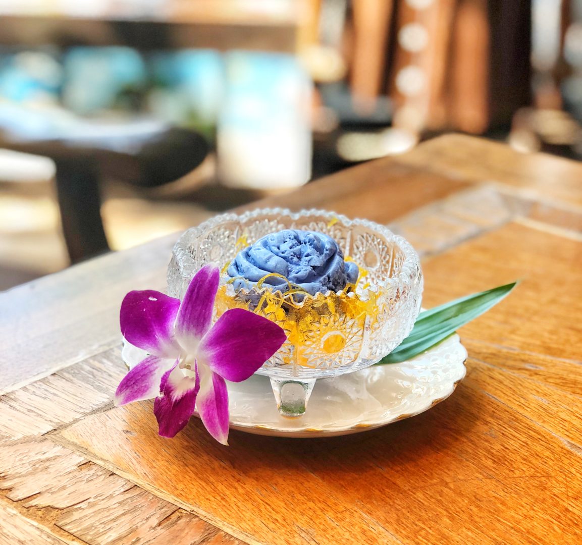 butterfly pea ice cream with orchid at fellsion cafe phuket thailand