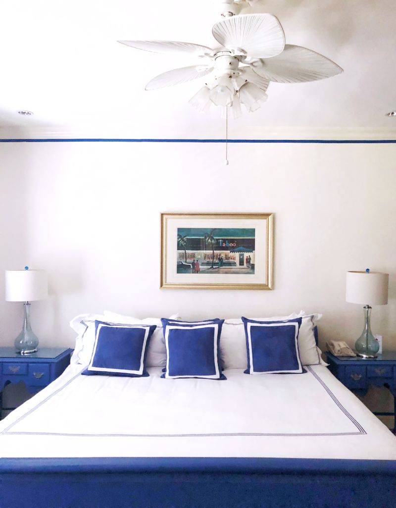 blue and white king bed at chestfield hotel palm beach florida