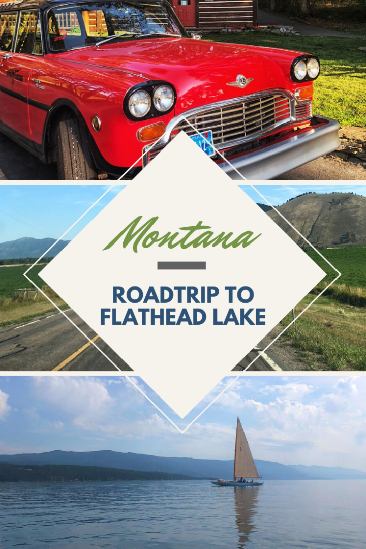 pinterest pin with flathead lake lodge vintage car, road and sailboat