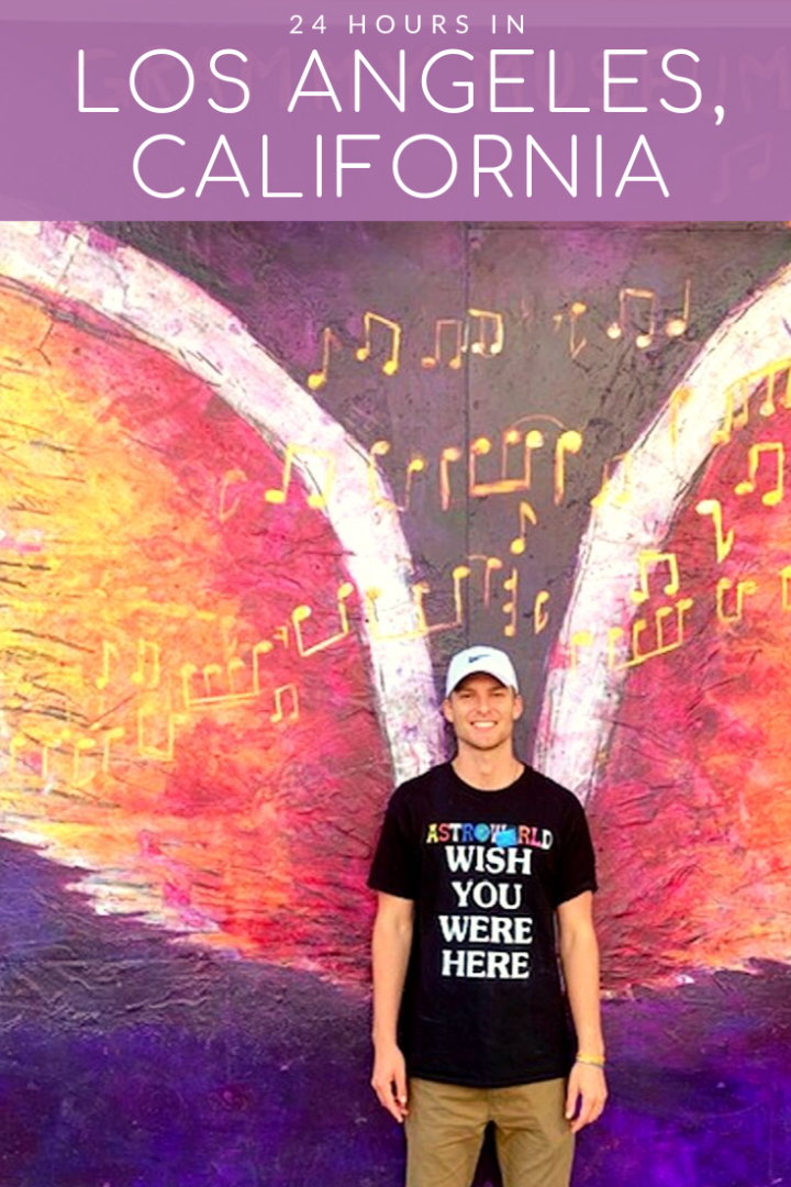 pinterest pin with jack in fromt of wings mural at grammy museum in los angeles california