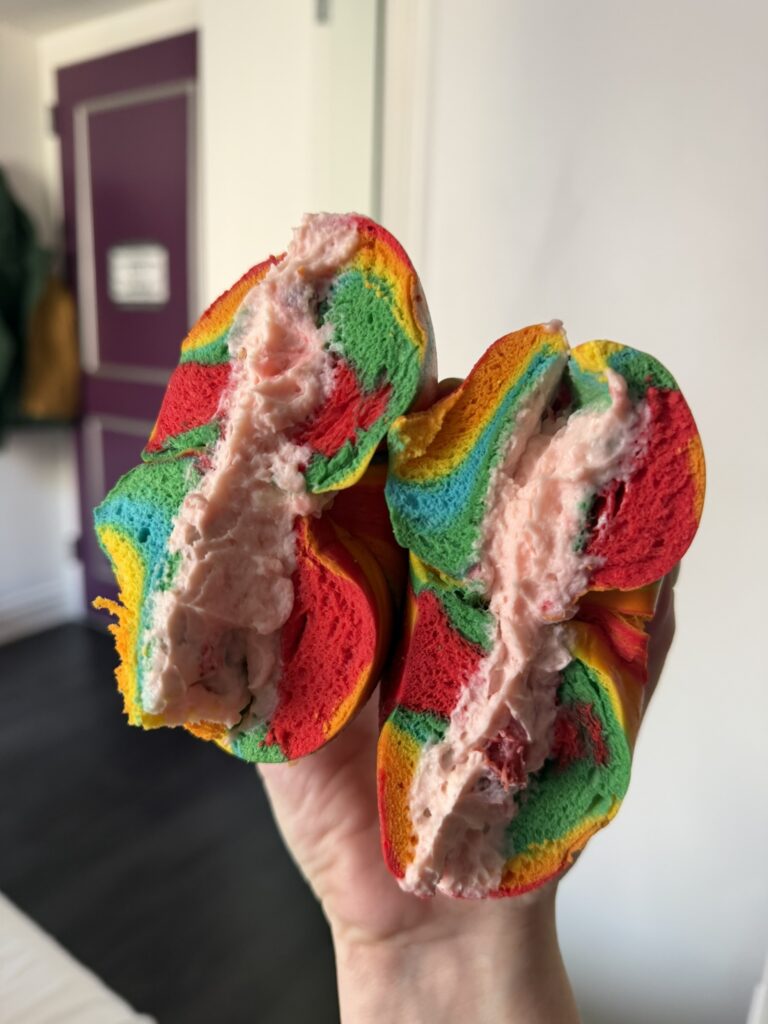 libery bagel rainbow bagel with cream cheese