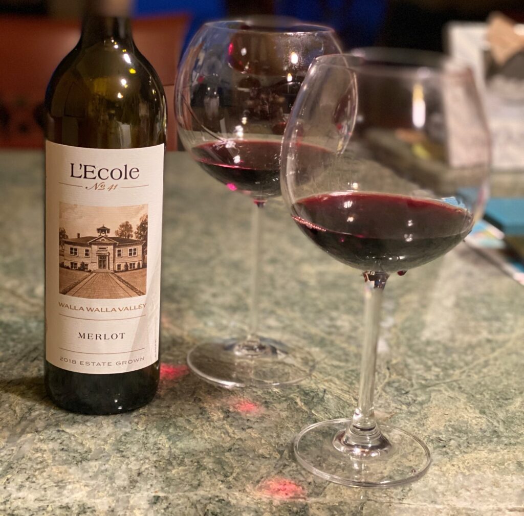 L'ecole wine bottle merlot with glasses