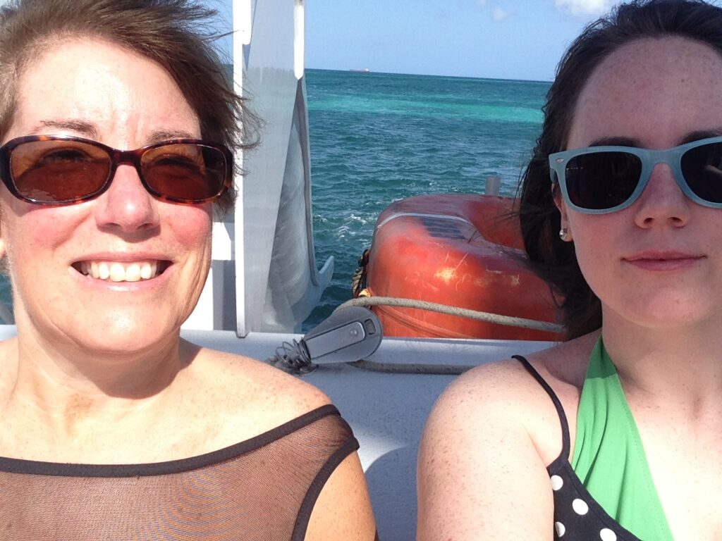 Eileen and mom patti on one of the catamaran tours in aruba