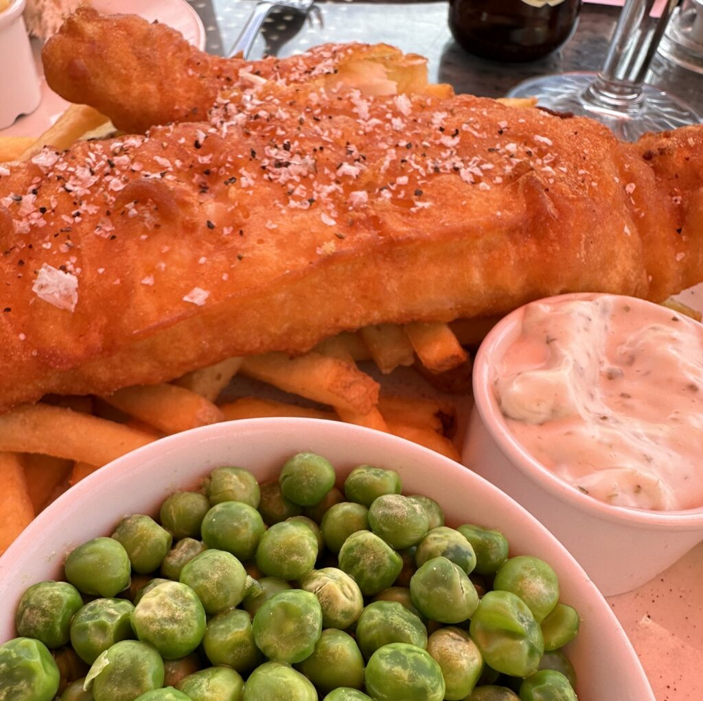 fish and chips with peas
